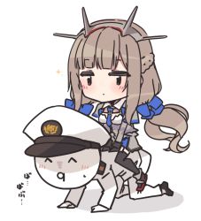 Rule 34 | 1boy, 1girl, admiral (kancolle), all fours, black gloves, blue necktie, braid, brown hair, capelet, crown braid, french braid, garter straps, gloves, headgear, kantai collection, long hair, lowres, maryland (kancolle), nakadori (movgnsk), necktie, riding, simple background, thighhighs, white background
