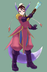 Rule 34 | 1girl, animal ears, black eyes, breasts, breath of fire, breath of fire iv, bun cover, closed mouth, commentary request, dress, eyeshadow, gloves, gun, looking at viewer, makeup, medium hair, nyantiu, simple background, solo, tail, ursula (breath of fire), weapon
