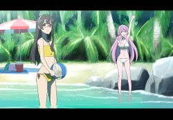 Rule 34 | 2girls, akashi (kancolle), anime coloring, bag, ball, beach, beach umbrella, beachball, bikini, black hair, commentary request, cooler, cowboy shot, fake screenshot, feet out of frame, flat chest, frilled bikini, frills, front-tie top, full body, green eyes, hair ribbon, hairband, halterneck, halterneck, highres, kantai collection, letterboxed, long hair, looking at viewer, mikan 29344886, multiple girls, ooyodo (kancolle), pink hair, ribbon, side-tie bikini bottom, soaking feet, standing, swimsuit, tress ribbon, umbrella, wading, white bikini, white hairband, yellow bikini