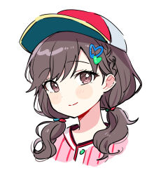 Rule 34 | 1girl, baseball cap, braid, brown eyes, brown hair, closed mouth, commentary request, hair ornament, hairclip, hat, heart, highres, looking at viewer, minna de enjoy! spojoy park (project sekai), multicolored clothes, multicolored hat, official alternate costume, official alternate hair length, official alternate hairstyle, pjmiyo, portrait, project sekai, shinonome ena, simple background, smile, solo, split mouth, twintails, white background