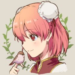 Rule 34 | 1girl, bird, bird on hand, black ribbon, bun cover, closed mouth, collared vest, commentary request, cropped shoulders, double bun, eyelashes, fingernails, grey background, hair bun, hair ribbon, ibaraki kasen, light blush, looking at animal, pink hair, plant, red eyes, red vest, ribbon, shirt, short hair, simple background, smile, solo, sparrow, touhou, vest, vines, white shirt, witoi (roa)