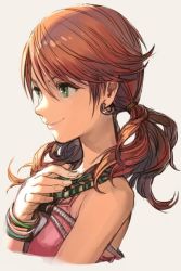 Rule 34 | 1girl, closed mouth, earrings, final fantasy, final fantasy xiii, green eyes, hungry clicker, jewelry, medium hair, oerba dia vanille, red hair, short twintails, simple background, smile, solo, twintails