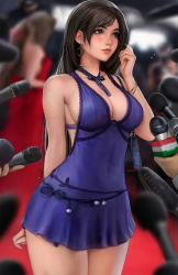 Rule 34 | 2girls, adjusting hair, aerith gainsborough, alternate costume, arm behind back, bare shoulders, black hair, blue dress, blurry, blurry background, bracelet, breasts, brown eyes, cleavage, closed mouth, depth of field, dress, earrings, fantasy, final fantasy, final fantasy vii, final fantasy vii remake, flower, hand up, highres, italian senate porn livestream (meme), italian senate porn livestream (meme), jewelry, kittew, large breasts, legs together, lips, long dress, looking to the side, meme, microphone, mole, mole on breast, multiple girls, neck, nightgown, official alternate costume, paparazzi, red carpet, red dress, short dress, sleeveless, sleeveless dress, square enix, standing, straight hair, strapless, strapless dress, thighs, tifa lockhart, tifa lockhart (refined dress), wall market