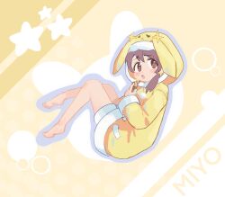 Rule 34 | 1girl, :o, animal hood, bare legs, barefoot, blue outline, blush stickers, brown eyes, brown hair, character name, commentary, full body, gustavo schuler, highres, hood, hood up, hooded jacket, jacket, long hair, long sleeves, looking at viewer, low twintails, murosaki miyo, onii-chan wa oshimai!, open mouth, outline, rabbit hood, short shorts, shorts, simple background, solo, star (symbol), twintails, yellow jacket