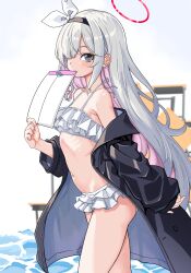 Rule 34 | 1girl, absurdres, bikini, black hairband, black jacket, blue archive, flat chest, frilled bikini, frills, grey eyes, grey hair, hair over one eye, hair ribbon, hairband, halo, highres, holding, holding letter, jacket, letter, long hair, long sleeves, looking at viewer, navel, open clothes, open jacket, parabi, plana (blue archive), red pupils, ribbon, solo, standing, swimsuit, white bikini, white ribbon