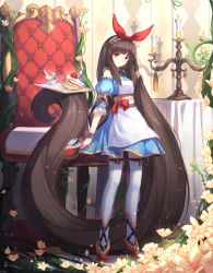 Rule 34 | 1girl, absurdly long hair, argyle, bad id, bad pixiv id, bird, bow, brown eyes, brown hair, cake, candelabra, candlestand, chair, comb, crimson k night, cross-laced footwear, cup, dress, fire, fire, flower, food, full body, hair ribbon, hairband, helic (7317helic), lolita hairband, long hair, looking at viewer, original, prehensile hair, red bow, ribbon, smile, standing, strawberry shortcake, tea, teacup, thighhighs, throne, tray, underbust, very long hair, wax, white thighhighs