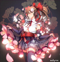 Rule 34 | 1girl, absurdres, artist name, black gloves, black skirt, black thighhighs, bow, brown eyes, brown hair, cherry blossoms, clothing cutout, collared shirt, commentary, cowboy shot, elbow gloves, english commentary, fingerless gloves, floral background, floral print, floral print skirt, flower, frilled shirt, frills, gloves, hair bow, hair flower, hair ornament, high ponytail, highres, holding, holding clothes, holding skirt, japanese clothes, long hair, looking to the side, meltyrice, miniskirt, navel cutout, neck ribbon, original, petals, pink flower, pleated skirt, ponytail, red bow, red sash, ribbon, sash, shirt, skirt, solo, standing, thighhighs, white shirt, zettai ryouiki