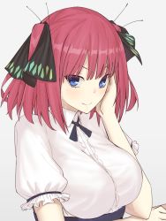 Rule 34 | 1girl, black ribbon, blue bow, blue eyes, blue skirt, blunt bangs, blush, bow, breasts, butterfly hair ornament, clip studio paint (medium), elfenlied22, frilled shirt, frills, go-toubun no hanayome, hair ornament, hand on own cheek, hand on own face, high-waist skirt, highres, large breasts, looking at viewer, nakano nino, pink hair, ribbon, shirt, short sleeves, simple background, skirt, smile, twintails, v-shaped eyebrows, white background, white shirt