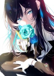 Rule 34 | 1girl, ado (utaite), adochansukisuki, black bow, black bowtie, black hair, black jacket, black pants, blue eyes, blue flower, blue hair, blue rose, bow, bowtie, chando (ado), cloud nine inc, colored inner hair, commentary request, flower, flower brooch, gloves, highres, holding, holding flower, jacket, light particles, long hair, looking at viewer, mole, mole under eye, multicolored hair, open clothes, open jacket, pants, parted lips, rose, shirt, sidelocks, simple background, sitting, solo, sparkle, two-tone hair, utaite, white background, white gloves, white shirt