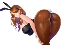 Rule 34 | 1girl, animal ears, ass, bare shoulders, breasts, brown hair, rabbit ears, rabbit tail, commentary request, damegane, earrings, eyelashes, hands on thighs, hanging breasts, highres, hip focus, jewelry, large breasts, leaning forward, leotard, long hair, looking at viewer, looking back, myl&eacute;ne (damegane), orange eyes, original, pantyhose, simple background, smile, solo, tail, thighs, wavy hair, white background, wide hips, wrist cuffs