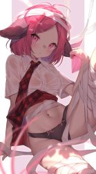 Rule 34 | 1girl, absurdres, animal ears, antenna hair, arm support, bandaged leg, bandages, black panties, blush, breast pocket, breasts, closed mouth, clothes lift, collared shirt, commentary, dress shirt, gradient background, highres, holding, leaning back, leg up, looking at viewer, navel, necktie, no bra, original, panties, parted bangs, pink background, plaid, plaid skirt, pocket, purple eyes, purple hair, red necktie, red skirt, see-through, shirt, short hair, short sleeves, sitting, skirt, skirt lift, small breasts, stomach, thick eyebrows, underwear, uosaasou, v-shaped eyebrows