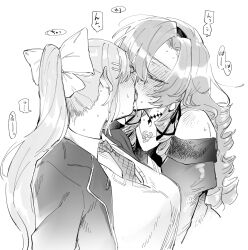 Rule 34 | 2girls, bare shoulders, blazer, blush, bow, breasts, choker, closed eyes, collared shirt, dress, drill hair, drill sidelocks, french kiss, grey hair, greyscale, hair ornament, hairband, hairclip, highres, higuchi kaede, higuchi kaede (1st costume), hyakumantenbara salome, hyakumantenbara salome (1st costume), jacket, juliet sleeves, kiss, large breasts, long hair, long sleeves, monochrome, multiple girls, necktie, nijisanji, parted bangs, ponytail, puffy sleeves, saliva, school uniform, shirt, sidelocks, simple background, sound effects, suzuo (zuo), sweat, tongue, tongue out, vest, virtual youtuber, white background, winter uniform, x hair ornament, yuri