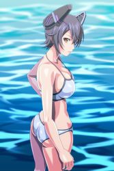 Rule 34 | 10s, 1girl, ass, bikini, breasts, butt crack, commentary request, eyepatch, female focus, headgear, kantai collection, large breasts, lips, monteriakitto, purple hair, short hair, solo, strap gap, swimsuit, tenryuu (kancolle), water, yellow eyes