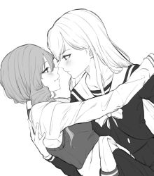 Rule 34 | 2girls, blush, bow, bowtie, closed mouth, clothes around waist, collarbone, collared shirt, commentary, coronanredhead, eye contact, face-to-face, from side, greyscale, hair between eyes, hair over shoulder, hand on another&#039;s back, hand up, highres, jacket, jacket around waist, leaning back, leaning forward, long hair, long sleeves, looking at another, monochrome, multiple girls, outstretched arm, parted lips, profile, rinmeikan girls school uniform, sailor collar, school uniform, serafuku, shirt, shoujo kageki revue starlight, shoujo kageki revue starlight -re live-, sidelocks, simple background, smile, standing, sweater vest, tsuruhime yachiyo, upper body, white background, yumeoji fumi, yuri