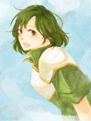 Rule 34 | 1girl, armor, fire emblem, fire emblem: thracia 776, gradient background, green eyes, green hair, karin (fire emblem), matching hair/eyes, nintendo, open mouth, sa ato, solo, white armor