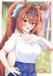 Rule 34 | 1girl, :o, absurdres, animal ears, bare shoulders, blue skirt, blurry, blurry background, border, breasts, brown hair, casual, collarbone, commentary request, daiwa scarlet (umamusume), fang, hair intakes, hand on own hip, hand on own chest, high-waist skirt, highres, horse ears, horse girl, large breasts, plaid, plaid skirt, red eyes, shirt, sho mix illustration, short sleeves, skirt, solo, umamusume, white border, white shirt