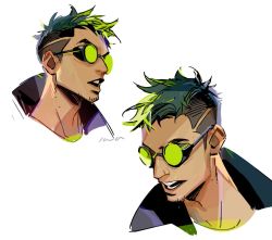 Rule 34 | 1boy, apex legends, commentary, english commentary, facial hair, goggles, green hair, iwamoto zerogo, jacket, looking down, looking up, male focus, mole, multiple views, octane (apex legends), open mouth, portrait, stubble, undercut, white background