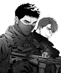 Rule 34 | 2boys, beware the ides of march, bulletproof vest, chlthd 990, covered mouth, gloves, greyscale, gun, highres, holding, holding gun, holding weapon, jacket, kim nak-won, male focus, mask, monochrome, mouth mask, multiple boys, park mok-hwa, serious, short hair, simple background, smile, upper body, weapon