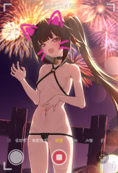 Rule 34 | 1girl, :d, absurdres, animal ears, bell, bikini, binghaiankang, black bikini, black choker, black slingshot swimsuit, blush, breasts, breasts apart, brown hair, cat ears, choker, collarbone, drawn ears, drawn whiskers, fake animal ears, fake phone screenshot, fake screenshot, fence, fireworks, floating hair, hand on own chest, hand up, highres, honkai: star rail, honkai (series), looking at viewer, neck bell, night, o-ring, open hand, open mouth, outdoors, slingshot swimsuit, small breasts, smile, solo, sparkle (honkai: star rail), swimsuit, thong bikini, twintails, viewfinder