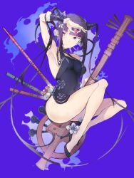 Rule 34 | 1girl, armpits, bare shoulders, black dress, blue background, blunt bangs, china dress, chinese clothes, detached sleeves, dress, fate/grand order, fate (series), flute, full body, hair ornament, high heels, instrument, leaf hair ornament, long hair, looking at viewer, pipa (instrument), plum blossom print, purple eyes, purple hair, rathalosx4, sidelocks, smile, solo, thighs, twintails, very long hair, yang guifei (fate), yang guifei (second ascension) (fate)