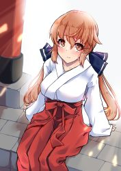 Rule 34 | 1girl, black bow, blush, bow, brown eyes, brown hair, closed mouth, collarbone, hair between eyes, hair bow, hair ornament, hairclip, hakama, hakama skirt, highres, japanese clothes, kantai collection, komb, light smile, long hair, long sleeves, low twintails, miko, red hakama, skirt, solo, tashkent (kancolle), torii, twintails, wide sleeves