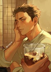 Rule 34 | 1boy, arm rest, backlighting, cup, drink, drinking glass, elbows on table, etceteraart, facing to the side, giving, haikyuu!!, hand on own face, highres, ice, ice cube, leaning forward, long sleeves, looking at viewer, male focus, pov, pov hands, sawamura daichi, serious, short hair, sideburns, sleeves pushed up, solo focus, twitter username
