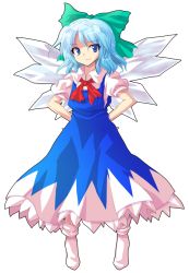 Rule 34 | 1girl, alphes (style), blue eyes, blue hair, bow, cirno, dairi, dress, full body, hair bow, hands on own hips, matching hair/eyes, parody, short hair, solo, style parody, touhou, transparent background