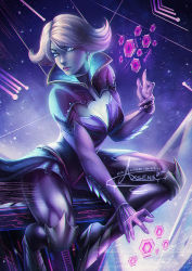 Rule 34 | 1girl, alternate hair color, axsen, blue eyes, blue skin, breasts, cleavage, cleavage cutout, clothing cutout, colored skin, crystal earrings, earrings, high heels, jewelry, knee pads, medium breasts, muscular, official alternate costume, overwatch, overwatch 1, pink lips, rime sombra, short hair, silver hair, sitting, solo, sombra (overwatch)