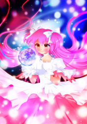 Rule 34 | 10s, 1girl, bow, choker, earth (planet), gloves, hair bow, highres, kaname madoka, long hair, magical girl, mahou shoujo madoka magica, mahou shoujo madoka magica (anime), pink hair, planet, puffy sleeves, ribbon, solo, space, spoilers, star (symbol), twintails, ultimate madoka, very long hair, white gloves, world, yellow eyes