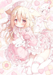 1girl animal_ears blonde_hair blush bow cat_ears cat_girl cat_tail dress hair_ornament hat highres long_hair momozu_komamochi nurse_cap original pink_dress red_eyes sleeves_past_fingers sleeves_past_wrists tail thighhighs white_thighhighs