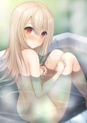 Rule 34 | 1girl, ass, back, bathing, bathtub, blonde hair, blush, breasts, closed mouth, covering privates, covering breasts, dimples of venus, embarrassed, fate/grand order, fate (series), from behind, illyasviel von einzbern, knees up, legs together, long hair, looking at viewer, looking back, nose blush, sideboob, sitting, small breasts, smile, solo, steam, taiki ken, tareme, water