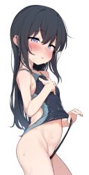 1girl asashio_(kancolle) black_hair black_one-piece_swimsuit blue_eyes blush competition_swimsuit frontal_wedgie highleg highleg_one-piece_swimsuit highres kantai_collection long_hair looking_at_viewer nagatsukiin navel nose_blush one-hour_drawing_challenge one-piece_swimsuit simple_background solo swimsuit wedgie wet wet_clothes wet_swimsuit white_background