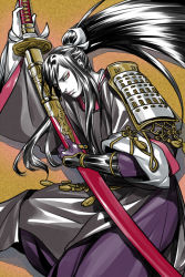 Rule 34 | 10s, 1boy, armor, black hair, colored skin, facepaint, holding, holding sword, holding weapon, japanese armor, japanese clothes, kagelow, long hair, male focus, ootachi, ponytail, sheath, sheathed, shoulder armor, sode, solo, sword, tarou tachi, touken ranbu, weapon, white skin