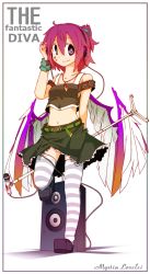 Rule 34 | 1girl, alternate costume, alternate hairstyle, animal ears, bad id, bad pixiv id, bare shoulders, belt, contemporary, english text, female focus, full body, headphones, idol, microphone, microphone stand, midriff, mystia lorelei, pink hair, ponytail, purple eyes, short hair, skirt, smile, solo, speaker, striped clothes, striped thighhighs, takewaka, thighhighs, touhou, white background, wings