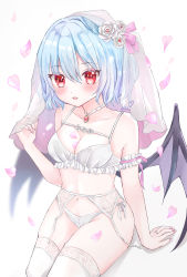 Rule 34 | 1girl, absurdres, arm garter, arm up, bat wings, blue hair, blurry, blurry background, blush, bow, bow bra, bra, breasts, bridal veil, cismlyri, cleavage, collarbone, commentary request, eyelashes, flower, garter straps, gem, hair flower, hair ornament, highres, jewelry, light blue hair, looking at viewer, medium breasts, nail polish, navel, necklace, open mouth, petals, red eyes, red gemstone, remilia scarlet, ring, rose, short hair, signature, simple background, sitting, solo, stomach, thighhighs, thighs, touhou, underwear, veil, wedding band, white background, white bra, white flower, white rose, white thighhighs, wings