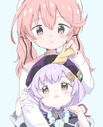Rule 34 | .live, 2girls, beret, blush, commentary request, genshin impact, hair between eyes, hair ornament, hat, height difference, hug, hug from behind, kitakami futaba, long hair, looking at another, low twintails, multiple girls, pink hair, purple eyes, purple hair, qiqi (genshin impact), twintails, vanilla itachi, virtual youtuber, white background