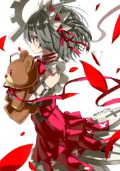Rule 34 | 10s, 1girl, anchor (clockwork planet), blush, clockwork planet, closed mouth, cowboy shot, hugging doll, dress, frilled dress, frills, from side, grey hair, hairband, looking away, hugging object, petals, profile, red dress, red eyes, shino (eefy), solo, stuffed animal, stuffed toy, teddy bear
