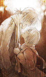 Rule 34 | 1boy, 1girl, bad id, bad pixiv id, blurry, bokeh, brown theme, couple, depth of field, face-to-face, hands in pockets, height difference, hetero, lights, monochrome, original, parted lips, pulling, scarf, short hair, uraki (tetsu420), valentine
