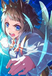 Rule 34 | 1girl, absurdres, aura, backpack, bag, biko pegasus (umamusume), blue eyes, bow, bowtie, brown hair, buttons, clenched hand, double-breasted, fake wings, highres, incoming attack, incoming punch, jacket, long sleeves, looking at viewer, open mouth, punching, short hair, solo, tomoe no kaminari, umamusume, upper body, v-shaped eyebrows, white jacket, wings