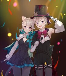 Rule 34 | 1boy, 1girl, animal ears, black gloves, black headwear, blonde hair, bow, breasts, brother and sister, cat ears, cat girl, cat tail, closed mouth, facial mark, genshin impact, gloves, hat, highres, long hair, long sleeves, lynette (genshin impact), lyney (genshin impact), open mouth, pantyhose, purple eyes, short hair, siblings, small breasts, smile, star (symbol), star facial mark, tail, teardrop facial mark, top hat, yu ri 0320