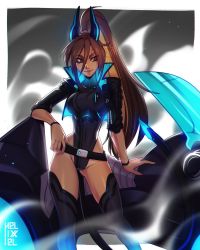 Rule 34 | 1girl, belt, black horns, black jacket, black leotard, bracelet, breasts, brown eyes, brown hair, commentary, contrapposto, cropped jacket, cyberpunk, cyborg, dark-skinned female, dark skin, english commentary, gluteal fold, grey thighhighs, hair between eyes, helixel, helixel (helixel), high ponytail, highleg, highleg leotard, highres, horns, jacket, jewelry, leather, leather jacket, leotard, lips, long hair, looking to the side, loose belt, medium breasts, mole, mole on arm, mole on cheek, mole on thigh, motor vehicle, motorcycle, multicolored hair, multiple moles, original, sleeves pushed up, smoke, solo, streaked hair, thighhighs, very long hair