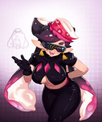 arm_behind_back black_gloves black_hair black_pants black_shirt bow bow-shaped_hair breasts callie_(octo_idol_outfit)_(splatoon) callie_(splatoon) collar cowboy_shot cowlick crop_top earrings fangs feet_out_of_frame fish_(food) food food_on_head gloves gold_earrings gradient_hair hat hypnoshades_(splatoon) jewelry large_breasts leaning_forward little123blood long_hair long_pointy_ears midriff mole mole_under_eye multicolored_hair nintendo object_on_head octopus_sashimi octopus_sausage_earrings official_alternate_costume open_mouth padded_shoulders pale_skin panties pants panty_straps pink_hat pink_leaf pink_panties pink_shiso_leaf pointy_ears puffy_short_sleeves puffy_sleeves raised_eyebrow sashimi shirt short_eyebrows short_sleeves smile spiked_collar spikes splatoon_(series) splatoon_2 spotted_hair studded_collar suction_cups sunglasses swept_bangs tentacle_hair thick_eyebrows tight_clothes tight_pants twintails two-tone_hair underboob underwear very_long_hair wide_hips