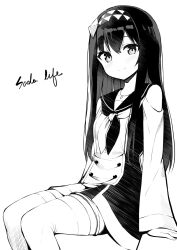 Rule 34 | 1girl, bare shoulders, blush, breasts, closed mouth, clothing cutout, commentary request, copyright name, dress, feet out of frame, greyscale, hair between eyes, hairband, highres, long hair, long sleeves, looking at viewer, mahoutsukai rose no sado life, monochrome, ominaeshi (takenoko), rose (mahoutsukai rose no sado life), shoulder cutout, simple background, sitting, small breasts, smile, solo, thighhighs, very long hair, white background, wide sleeves