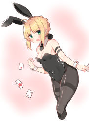 Rule 34 | 1girl, ahoge, aizawa85, alternate costume, animal ears, artoria pendragon (all), artoria pendragon (fate), bare shoulders, black pantyhose, black ribbon, blonde hair, blush, braid, breasts, card, cleavage, commentary request, fake animal ears, fate/stay night, fate (series), green eyes, highres, leotard, looking at viewer, medium breasts, navel, pantyhose, playboy bunny, playing card, rabbit ears, ribbon, saber (fate), solo, wrist cuffs