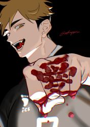 Rule 34 | 1boy, absurdres, anaglyph, black background, blonde hair, clenched hand, haikyuu!!, highres, male focus, mix (wkupmix), miya atsumu, multicolored hair, simple background, smile, solo, sportswear, teeth, tongue, twitter username, two-tone hair, upper body, volleyball uniform, yellow eyes