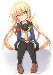 Rule 34 | 10s, 1girl, black thighhighs, blonde hair, blush, crescent, highres, jacket, kantai collection, loafers, looking at viewer, low ponytail, neckerchief, satsuki (kancolle), satsuki kai ni (kancolle), school uniform, serafuku, shoes, skirt, smile, solo, tamayan, thighhighs, tsurime, yellow eyes