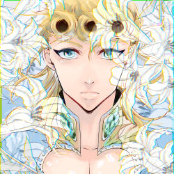 Rule 34 | 1boy, blonde hair, blue eyes, chromatic aberration, cleavage cutout, clothing cutout, giorno giovanna, highres, jojo no kimyou na bouken, male focus, mikan03260, pectoral cleavage, pectorals, portrait, solo, symmetry, vento aureo, wing collar