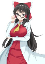 Rule 34 | 1girl, absurdres, adjusting eyewear, arm under breasts, ascot, bespectacled, black-framed eyewear, black eyes, black hair, bow, breasts, bright pupils, commentary request, cookie (touhou), cowboy shot, frilled bow, frilled hair tubes, frills, glasses, grey background, grin, hair bow, hair tubes, hakurei reimu, highres, ikikiksgiksg, lab coat, large breasts, long hair, looking at viewer, red bow, red shirt, red skirt, semi-rimless eyewear, shinonome (cookie), shirt, simple background, skirt, smile, solo, touhou, under-rim eyewear, very long hair, white pupils, yellow ascot