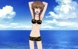 Rule 34 | 1girl, 5pb., amane suzuha, armpits, beach, braid, breasts, brown hair, cleavage, day, green eyes, highres, long hair, looking at viewer, medium breasts, navel, nitroplus, open mouth, outdoors, science adventure, sky, solo, steins;gate, twin braids