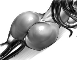 Rule 34 | 1girl, ass, bodysuit, breast press, breasts, female focus, g-string, greyscale, highleg, huge ass, kamori sayaka, large breasts, latex, latex suit, long hair, lying, monochrome, on side, original, panties, rindou (radical dream), skin tight, skindentation, solo, thighhighs, thighs, thong, underwear, wide hips